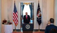 US President Donald Trump arrives to speak at a Spirit of America showcase event to spotlight small businesses in the grand foyer of the White House, in Washington, DC, on July 2, 2020. / AFP / JIM WATSON

