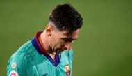 Barcelona's Argentine forward Lionel Messi reacts during the Spanish League football match between Villarreal and Barcelona at the Madrigal stadium in Villarreal on July 5, 2020. / AFP / JOSE JORDAN
