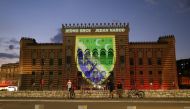 SARAJEVO, BOSNIA AND HERZEGOVINA - JULY 5: Sandzak coat of arms is reflected on the historical Vijecnica Library to express solidarity with Sandzak region of serbia in its fight against the coronavirus (Covid-19) pandemic, in Sarajevo, Bosnia and Herzegov
