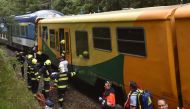 A handout photo released by the firefighters from HZS Karlovarskeho Kraje on July 7, 2020 shows the collision of two trains near the village of Pernink, Czech Republic. 