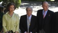 In this file photo taken on April 23, 2009 (L to R) Spain´s Queen Sofia, awarded Spanish writer Juan Marse and Spanish King Juan Carlos I pose at the University of Alcala de Henares on April 23, 2009 after attending the Cervantes prize ceremony. Spanish n
