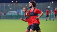 Al Rayyan's Algerian attacking midfielder Yacine Brahimi (left) and his team-mate Ahmad Abdel Maqsoud taking part in a training session ahead of the resumption of the QNB Stars League season. Pic: Twitter / @AlrayyanSC