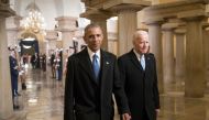 FILE PHOTO: President Barack Obama and Vice President Joe Biden walk through the Crypt of the Capitol for Donald Trump?s inauguration ceremony, in Washington, Friday, Jan. 20, 2017. REUTERS/J. Scott Applewhite/Pool/File Photo
