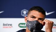 Paris Saint-Germain's Brazilian defender Thiago Silva wears a protective facemask as he speaks during a press conference at the Stade de France stadium, in Saint-Denis, on the outskirts of Paris, on July 23, 2020 on the eve of the French Cup final between