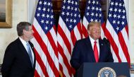 U.S. President Donald Trump speaks prior to awarding the Presidential Medal of Freedom to three-time Olympian runner and former U.S. Rep. Jim Ryun (R-KS) during a ceremony in the Blue Room at the White House in Washington, U.S., July 24, 2020. REUTERS/Lea
