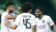 Al Sadd's Akram Afif (centre) wearing a jersey that reads 'Thank You' in honour of the efforts of healthcare workers and all those combating the pandemic during their QNB Stars league match against Al Khor on Saturday.