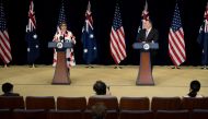 U.S. Secretary of State Mike Pompeo listens while Australia's Foreign Minister Marise Payne speaks during a press conference at the U.S. Department of State following the 30th AUSMIN in Washington, D.C. July 28, 2020. Brendan Smialowski/Pool via REUTER
