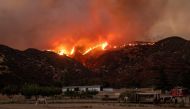 (FILES) In this file photo taken on August 01, 2020 Horses graze as flames from the Apple fire skirt a ridge in a residential area of Banning, California . / AFP / JOSH EDELSON
