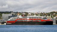 The expedition cruise ship MS Roald Amundsen is moored at a quay in Tromso, northern Norway, on August 1, 2020. / Norway OUT / AFP / NTB Scanpix / Rune Stoltz Bertinussen