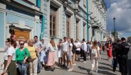 People queue outside the Belarusian embassy to cast their votes during the presidential election in Moscow, Russia August 9, 2020. REUTERS/Maxim Shemetov