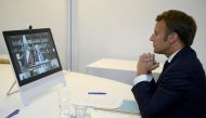 French President Emmanuel Macron attends a donor teleconference with other world leaders concerning the situation in Lebanon following the Beirut blast, in Fort de Bregancon in Bormes-les-Mimosas, France August 9, 2020. Christophe Simon/Pool via REUTERS