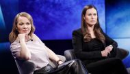 FILE PHOTO: Finland's Members of Parliament, Katri Kulmuni (L) and Sanna Marin participate in the A-studio talk show in Helsinki, Finland December 3, 2019. Lehtikuva/Roni Rekomaa/via REUTERS