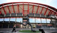 This picture shows the Eusebio statue in front of Luz stadium in Lisbon on August 10, 2020, two days before the begining the UEFA Champions League's Final 8. / AFP / FRANCK FIFE
