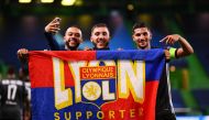 Olympique Lyonnais players celebrating after defeating Manchester City to reach the Champions League semi-finals.