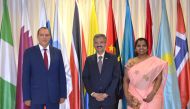 GECF Secretary General Yury Sentyurin (left) and Indian Ambassador to Qatar Dr Deepak Mittal (centre) at the GECF Secretariat in Doha, yesterday. 