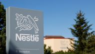 A logo is pictured on the Nestle research center before the presentation of Sensationnal Vuna, a plant-based tuna product made by Garden Gourmet, at Vers-chez-les-Blanc in Lausanne, Switzerland August 20, 2020. REUTERS/Denis Balibouse