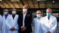 President of Lazio Nicola Zingaretti poses with medical staff at the Lazzaro Spallanzani infectious diseases hospital on the day of the first human trials of an Italian-developed coronavirus disease (COVID-19) vaccine, with doses administered to 90 volunt