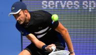 Aug 24, 2020; Flushing Meadows, New York, USA; Daniil Medvedev (RUS) returns the ball against Marcos Giron (USA) during the Western & Southern Open at the USTA Billie Jean King National Tennis Center. Robert Deutsch-USA TODAY Sports