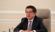 Colombian Minister of Health Fernando Ruiz speaks during the filming of the television program 