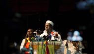 Imam Mahmoud Dicko delivers a speech during a ceremony hosted by him and his organization, CMAS (Coordination of movements and associations sympathetic to Imam Mahmoud Dicko), in Bamako on August 28, 2020. AFP / ANNIE RISEMBERG
