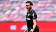 June 27, 2020 Bayer Leverkusen's Kevin Volland celebrates scoring their first goal, following the resumption of play behind closed doors after the outbreak of the coronavirus disease (COVID-19) Martin Meissner/Pool via REUTERS