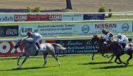 Alkedri, ridden by Jean-Bernard Eyquem, reaching the finish line to win her first Group victory, the French Arabian Breeders’ Challenge-Pouliches (Gr2 PA) at La Teste-de-Buch, France yesterday. 