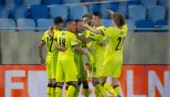 Czech Republic's National team players celebrate their goal during the UEFA Nations League football match Slovakia v Czech Republic in Bratislava, Slovakia, on September 4, 2020. / AFP / VLADIMIR SIMICEK