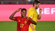 Spain's forward Ansu Fati reacts after missing a goal opportunity during the UEFA Nations League A group 4 football match between Spain and Ukraine at the Alfredo Di Stefano Stadium in Madrid on September 6, 2020. / AFP / GABRIEL BOUYS
