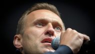 FILE PHOTO: Russian opposition leader Alexei Navalny delivering a speech during a demonstration in Moscow.  / AFP / Yuri KADOBNOV