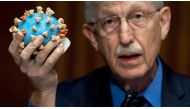 Dr Francis Collins, director of the National Institutes of Health (NIH), holding up a model of COVID-19, during a US Senate hearing on Operation Warp Speed in Washington, DC. Saul Loeb/Pool via Reuters. 