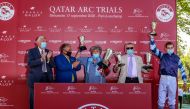 Qatar’s Ambassador to France, H E Sheikh Ali bin Jassim Al Thani, with team Air de Valse, the winner of the Qatar Prix du Petit Couvert (Gr3), at the Qatar Arc Trials day at ParisLongchamp, in Paris, France, yesterday.