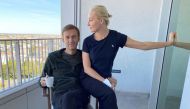 Russian opposition politician Alexei Navalny and his wife Yulia Navalnaya pose for a picture at Charite hospital in Berlin, Germany, in this undated image obtained from social media September 21, 2020.