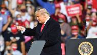 US President Donald Trump gestures during a Make America Great Again campaign rally in Fayetteville, North Carolina, United States on September 19, 2020. Peter Zay - Anadolu