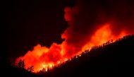 The Bobcat Fire burns in the Angeles National Forest on September 21, 2020 in Los Angeles, California. The fire, which erupted on September 6 in the Angeles National Forest, has become one of the largest fires in Los Angeles County's hisory with over 100,