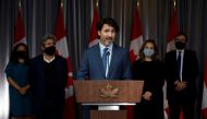 Canada's Prime Minister Justin Trudeau, with Cabinet Ministers behind, speaks to media following a cabinet retreat in Ottawa, Ontario, Canada September 16, 2020. REUTERS / Blair Gable
