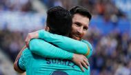 Barcelona's Luis Suarez celebrates scoring their second goal with Lionel Messi REUTERS/Vincent West/File Photo