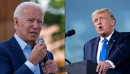 (COMBO) This combination of pictures created on September 25, 2020 shows a photo taken on September 23, 2020 Democratic presidential candidate Joe Biden speaks at the Black Economic Summit at Camp North End in Charlotte, North Carolina. (FILES) In this fi