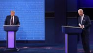 US President Donald Trump and Democratic presidential nominee Joe Biden look out to the audience at end of the first presidential debate at the Health Education Campus of Case Western Reserve University on September 29, 2020 in Cleveland, Ohio. Win McName