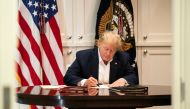 US President Donald Trump works in the Presidential Suite while receiving treatment after testing positive for the coronavirus disease (COVID-19) at Walter Reed National Military Medical Center in Bethesda, Maryland, U.S. October 3, 2020. Joyce N. Boghosi