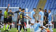 Lazio's Ciro Immobile is sent off by referee Marco Guida REUTERS/Alberto Lingria
