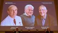 Nobel Committee members Patrik Ernfors (L) and Gunilla Karlsson Hedestam sit in front of a screen displaying the winners of the 2020 Nobel Prize in Physiology or Medicine (L-R) American Harvey Alter, Briton Michael Houghton and American Charles Rice durin