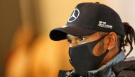 Formula One F1 - Eifel Grand Prix - Nurburgring, Nurburg, Germany - October 8, 2020 Mercedes' Lewis Hamilton wearing a protective face mask during a press conference ahead of the Eifel Grand Prix FIA/Handout via REUTERS