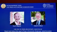 Pictures of the winners of the 2020 Nobel prize in economic sciences, Paul R. Milgrom and Robert B. Wilson, are displayed on a screen at a news conference in Stockholm, Sweden October 12, 2020. TT News Agency/Anders Wiklund via REUTERS