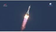 The Soyuz MS-17 spacecraft carrying the crew formed of Kathleen Rubins of NASA, Sergey Ryzhikov and Sergey Kud-Sverchkov of the Russian space agency Roscosmos blasts off to the International Space Station (ISS) from the launchpad at the Baikonur Cosmodrom