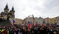 Demonstrators protesting the Czech government's restrictions shout slogans at the Old Town Square as the spread of the coronavirus disease (COVID-19) continues in Prague, Czech Republic, October 18, 2020. REUTERS/David W Cerny
