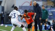 Soccer Football - Champions League - Group B - Real Madrid v Shakhtar Donetsk - Estadio Alfredo Di Stefano, Madrid, Spain - October 21, 2020 Real Madrid's Ferland Mendy in action with Shakhtar Donetsk's Manor Solomon as Real Madrid coach Zinedine Zidane l