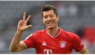 Bayern Munich's Polish forward Robert Lewandowski celebrates scoring the 3-0 goal for his hat-trick during the German first division Bundesliga football match between FC Bayern Munich and Eintracht Frankfurt on October 24, 2020 in Munich, southern Germany