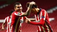 Soccer Football - Champions League - Group A - Atletico Madrid v FC Salzburg - Wanda Metropolitano, Madrid, Spain - October 27, 2020 Atletico Madrid's Joao Felix celebrates scoring their third goal with Angel Correa REUTERS/Sergio Perez
