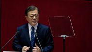 South Korean President Moon Jae-in speaks at the National Assembly in Seoul, South Korea, October 28, 2020. Jeon Heon-Kyun/Pool via REUTERS