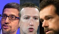 (COMBO)(L-R) This combination of file photos created on October 1, 2020 shows Alphabet CEO Sundar Pichai during a session at the World Economic Forum (WEF) annual meeting in Davos, on January 22, 2020, Facebook founder Mark Zuckerberg at Georgetown Univer